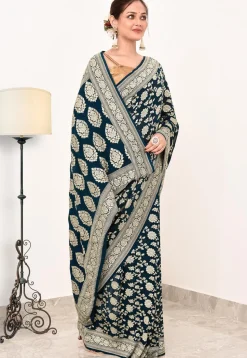 Banarasi Pure Crepe Silk Saree in Teal Blue
