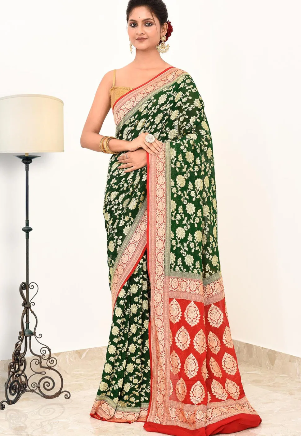 Banarasi Pure Crepe Silk Saree in Dark Green