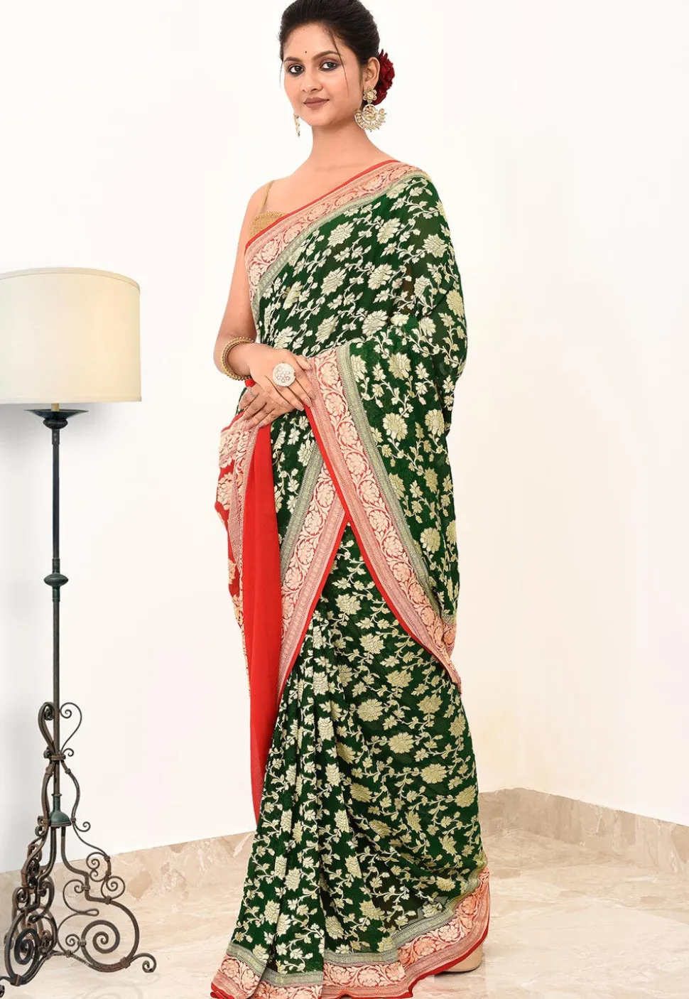 Banarasi Pure Crepe Silk Saree in Dark Green