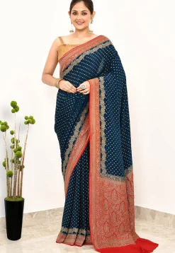 Banarasi Pure Crepe Silk Saree in Dark Teal Blue