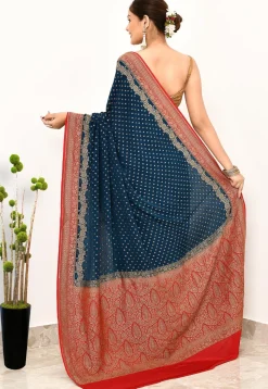 Banarasi Pure Crepe Silk Saree in Dark Teal Blue