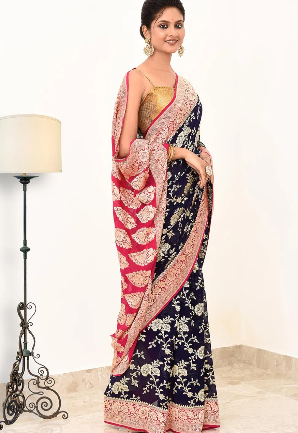 Banarasi Pure Crepe Silk Saree in Navy Blue