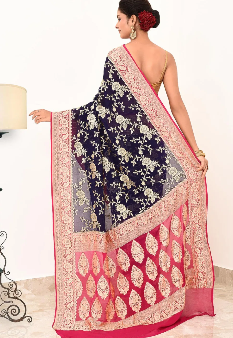 Banarasi Pure Crepe Silk Saree in Navy Blue