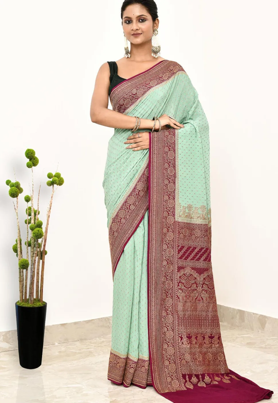 Banarasi Pure Crepe Silk Saree in Sea Green