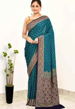 Banarasi Pure Crepe Silk Saree in Teal Blue