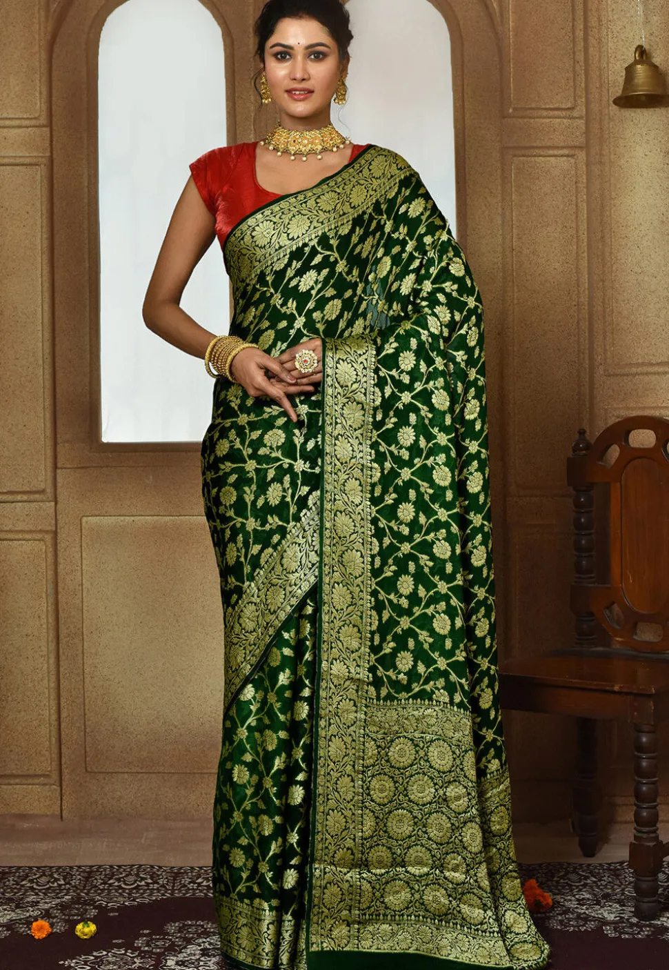 Banarasi Pure Georgette Silk Saree in Dark Green