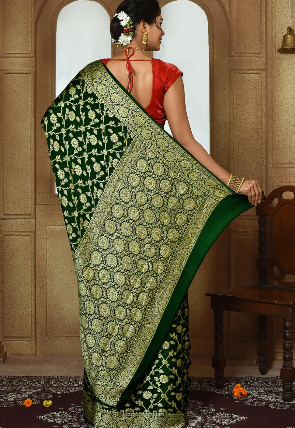 Banarasi Pure Georgette Silk Saree in Dark Green