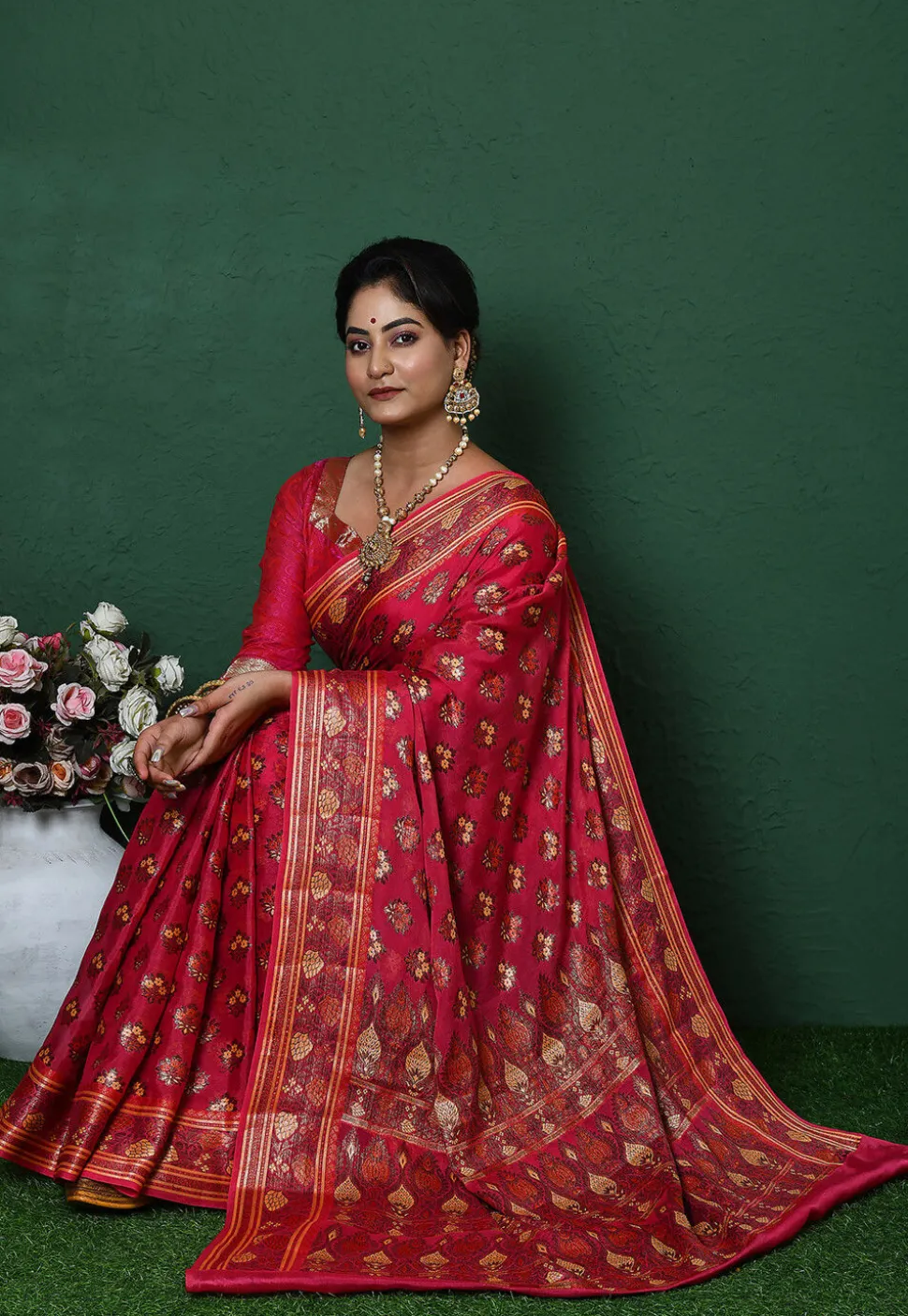 Banarasi Pure Georgette Silk Saree in Coral Pink
