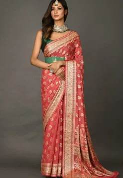 Banarasi Pure Georgette Saree in Coral Red