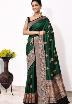 Banarasi Pure Katan Silk Handloom Saree in Dark Green