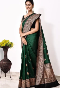 Banarasi Pure Katan Silk Handloom Saree in Dark Green