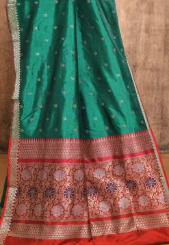 Banarasi Pure Katan Silk Handloom Saree in Dark Green