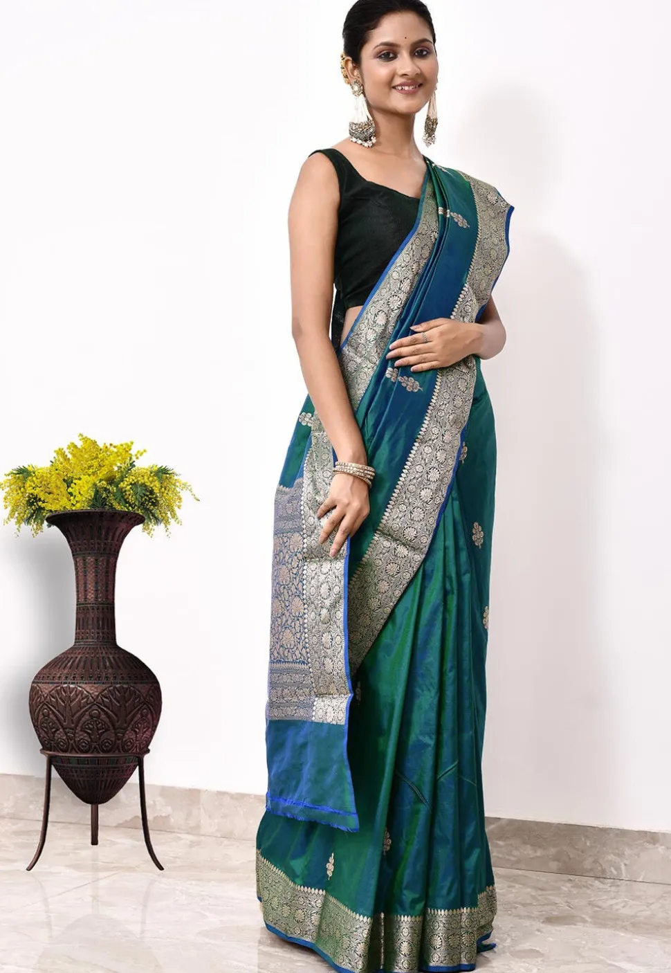 Banarasi Pure Katan Silk Handloom Saree in Teal Green