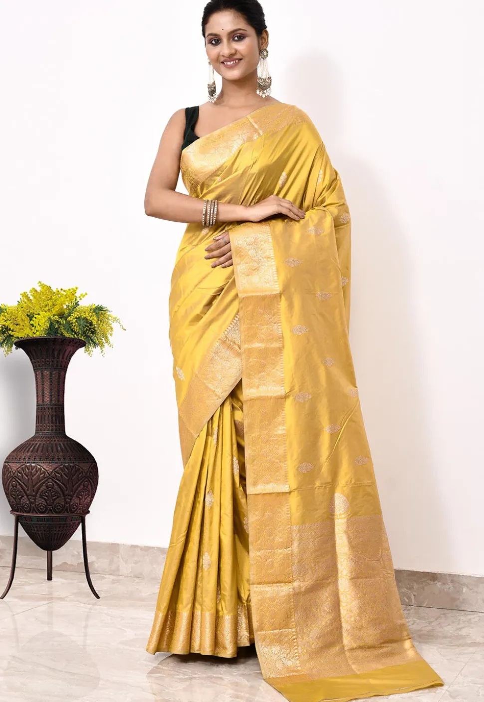 Banarasi Pure Katan Silk Handloom Saree in Mustard