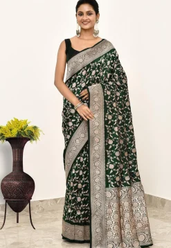 Banarasi Pure Katan Silk Handloom Saree in Dark Green