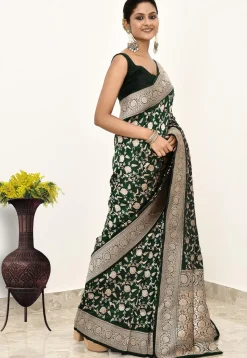 Banarasi Pure Katan Silk Handloom Saree in Dark Green