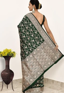 Banarasi Pure Katan Silk Handloom Saree in Dark Green