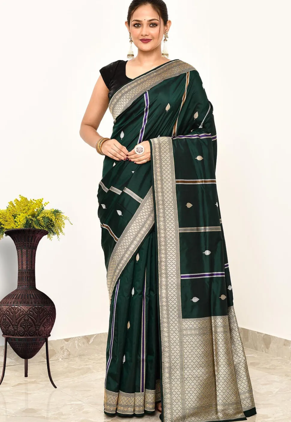 Banarasi Pure Katan Silk Handloom Saree in Dark Green