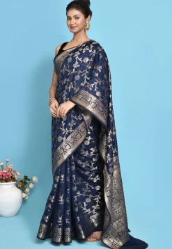 Banarasi Pure Silk Saree in Navy Blue
