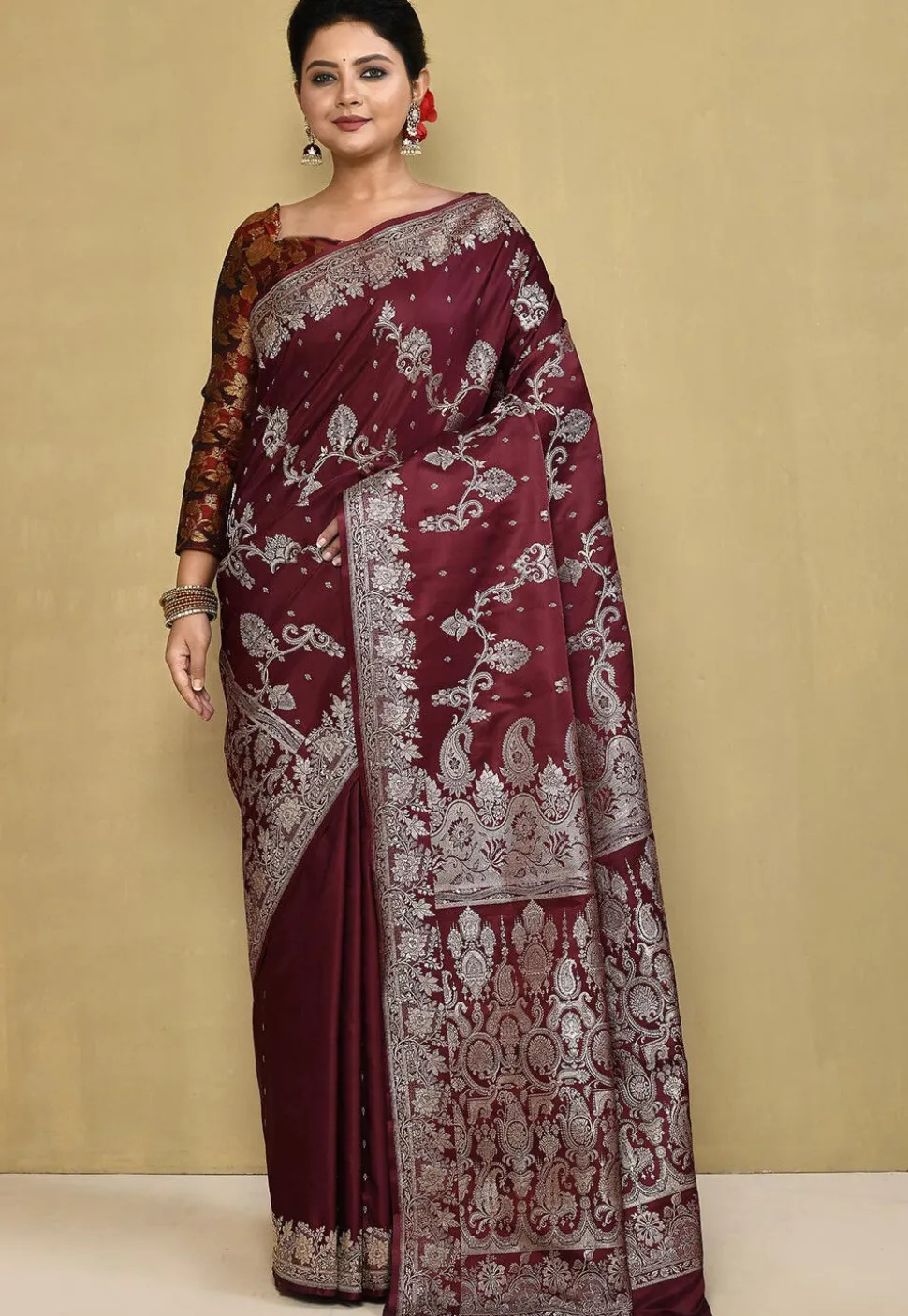 Banarasi Pure Silk Saree in Dark Maroon