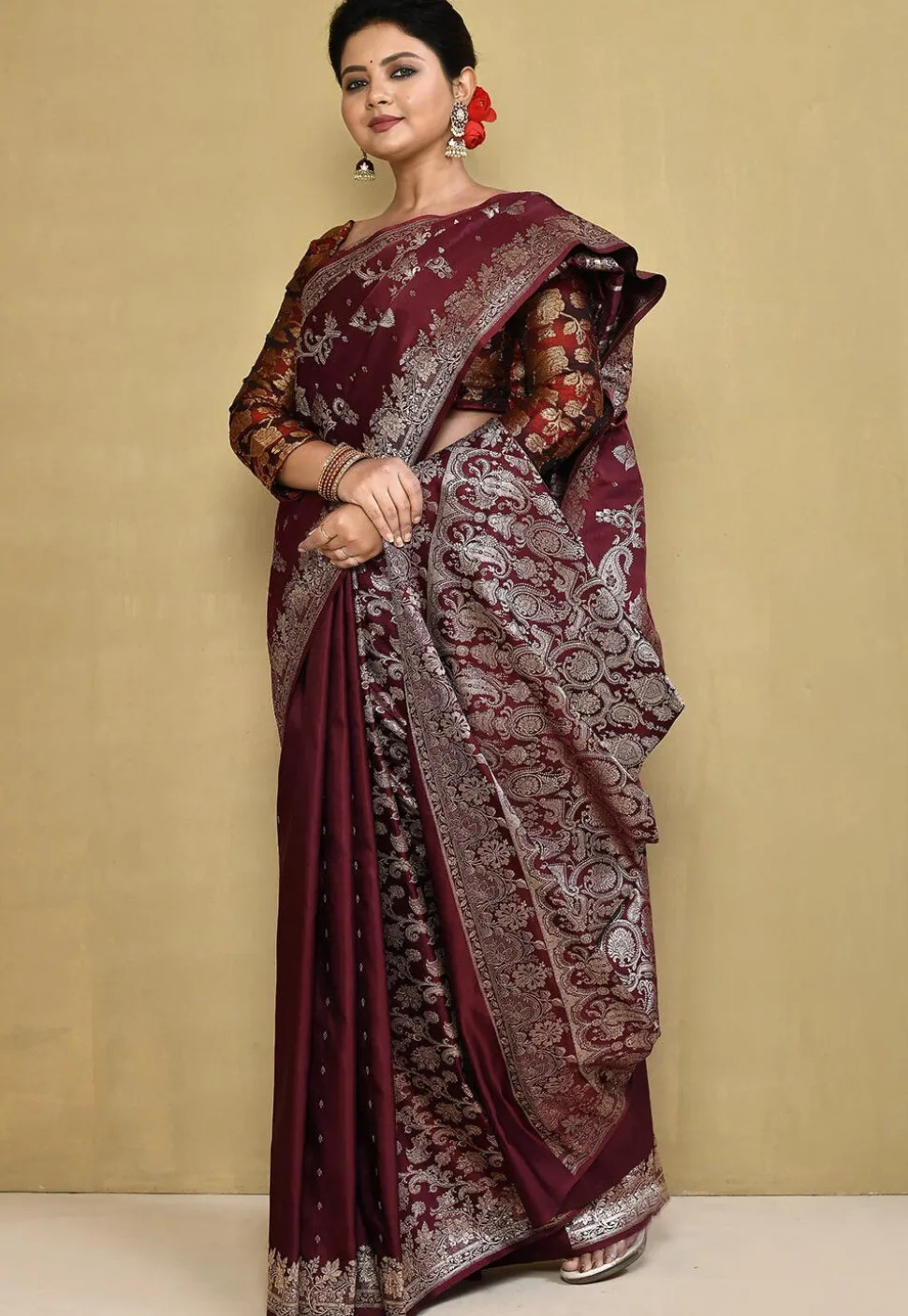 Banarasi Pure Silk Saree in Dark Maroon