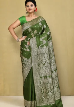 Banarasi Pure Silk Saree in Olive Green