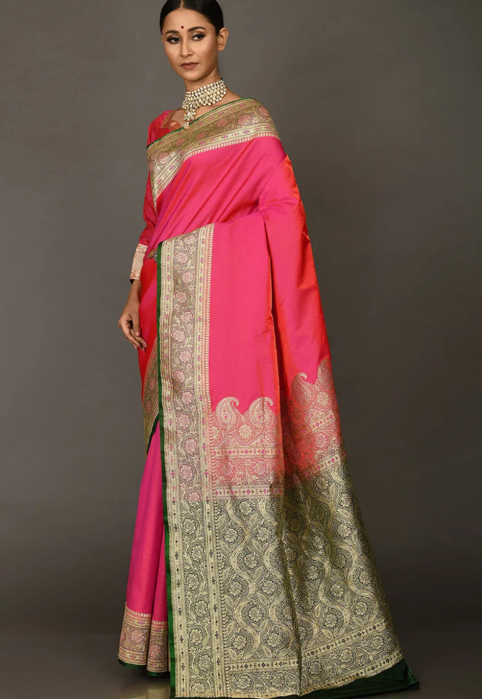 Banarasi Saree in Fuchsia and Orange Dual Tone