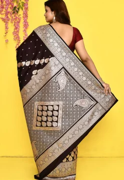 Banarasi Satin Silk Saree in Dark Brown