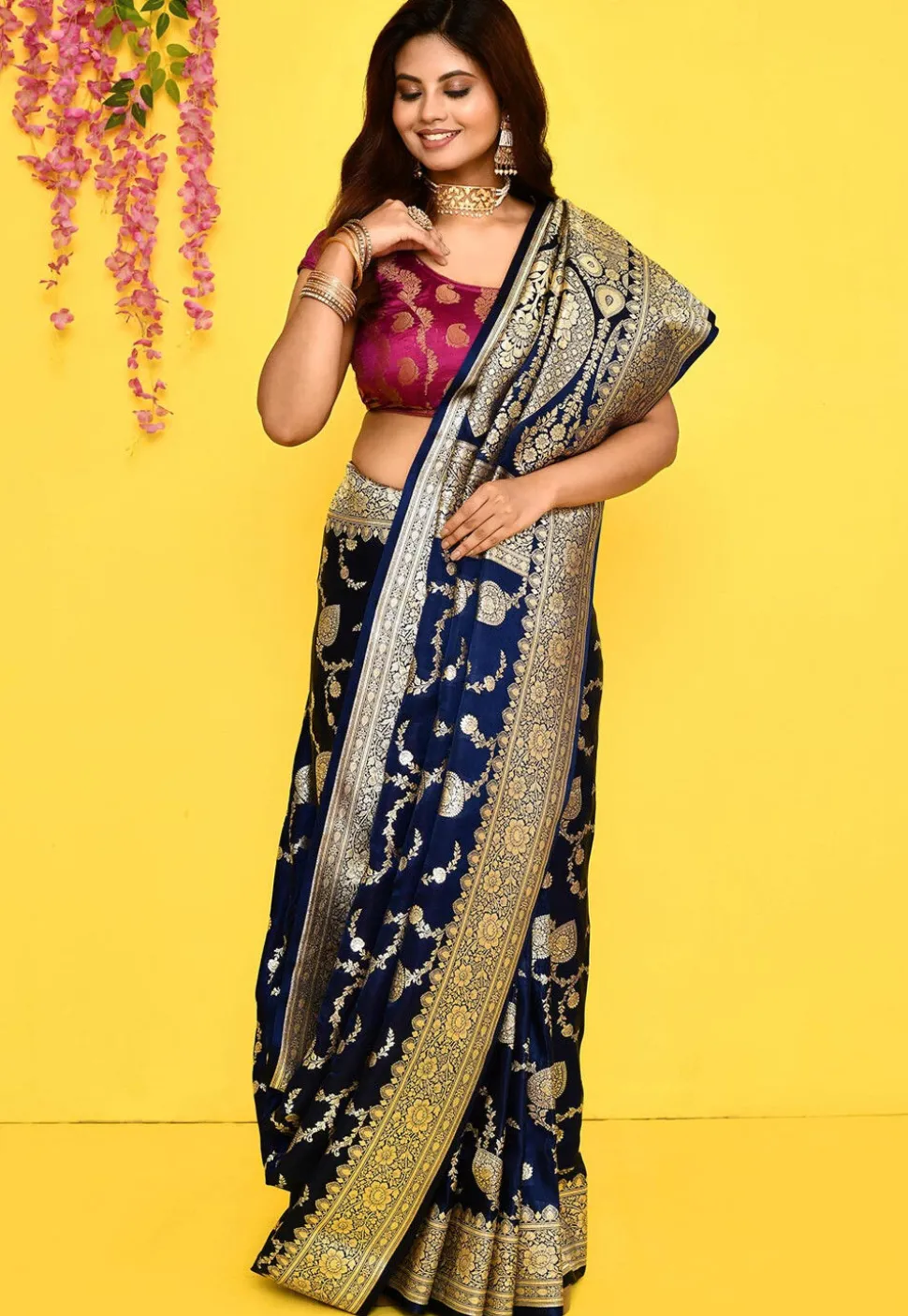 Banarasi Satin Silk Saree in Navy Blue