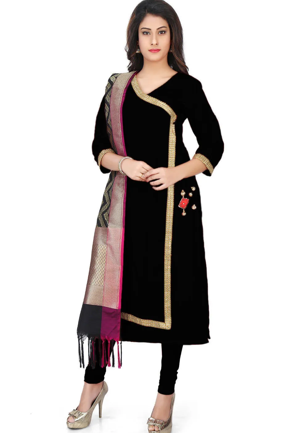 Banarasi Silk Angrakha Style Suit with Pure Silk Dupatta in Black