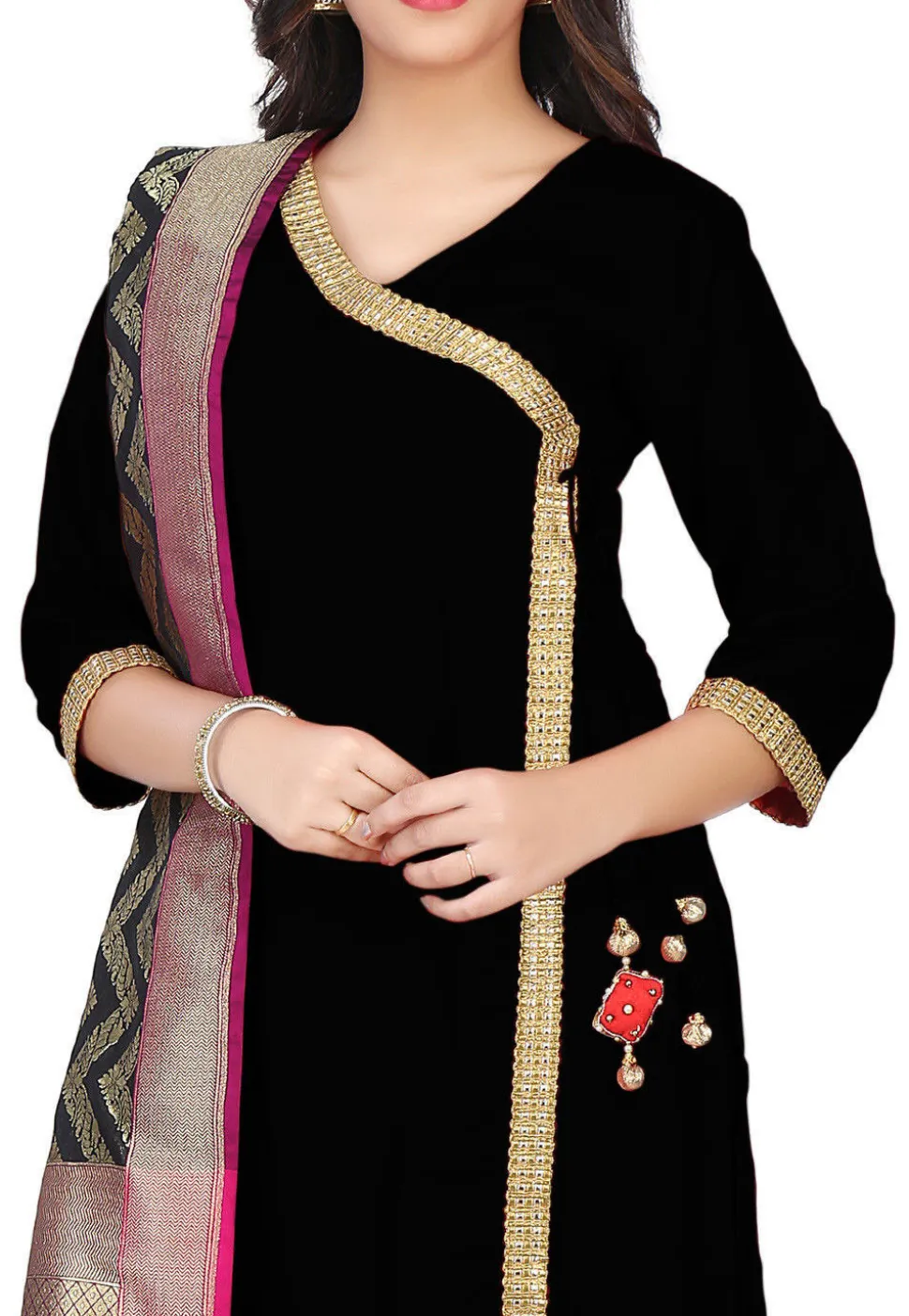 Banarasi Silk Angrakha Style Suit with Pure Silk Dupatta in Black