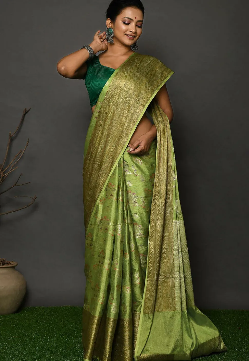 Banarasi Silk Saree in Olive Green