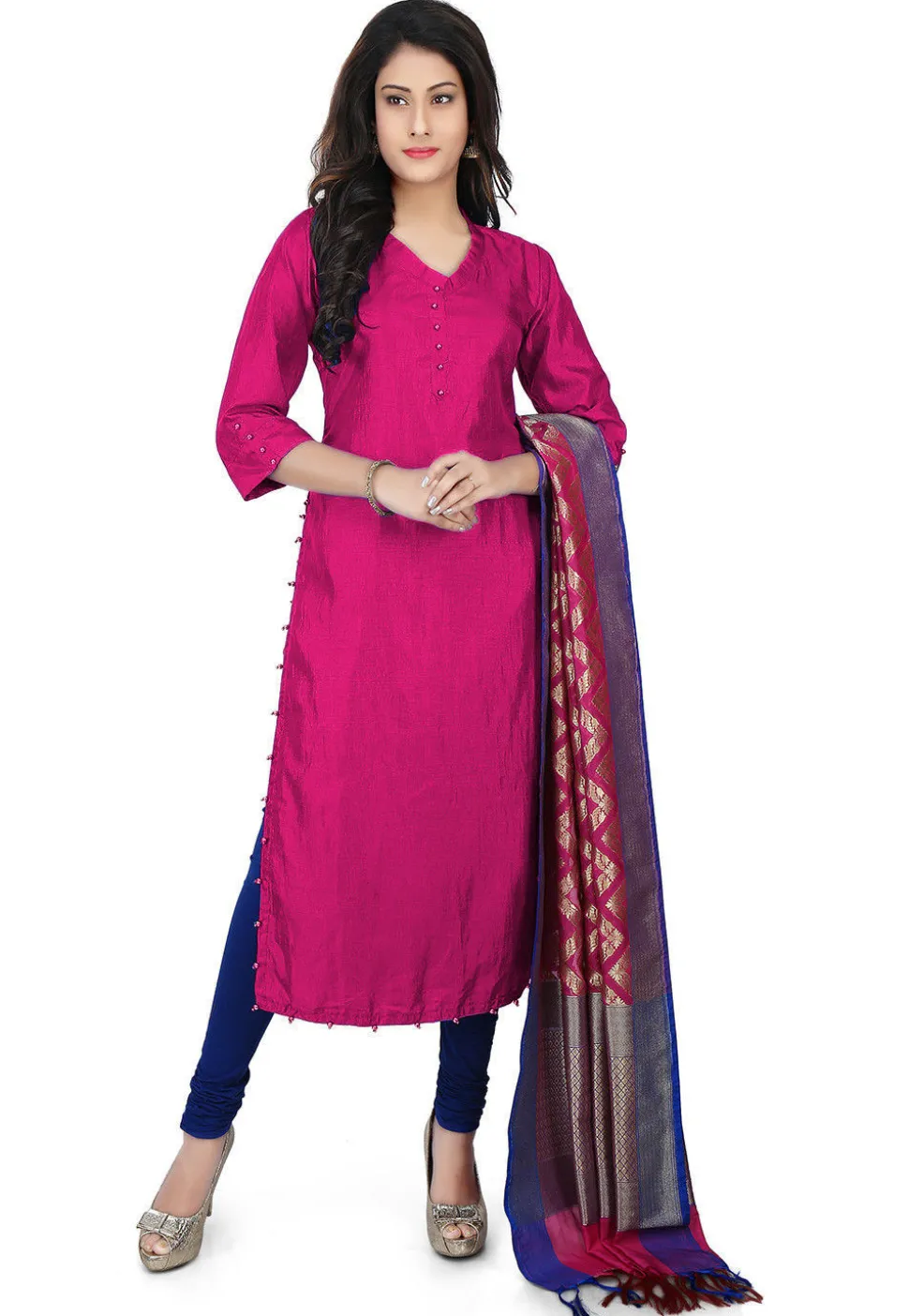 Banarasi Silk Straight Suit in Fuchsia