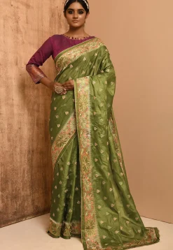 Banarasi Tussar Silk Saree in Olive Green