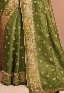 Banarasi Tussar Silk Saree in Olive Green