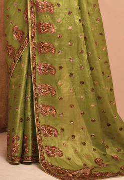Banarasi Tussar Silk Saree in Olive Green