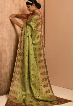 Banarasi Tussar Silk Saree in Olive Green
