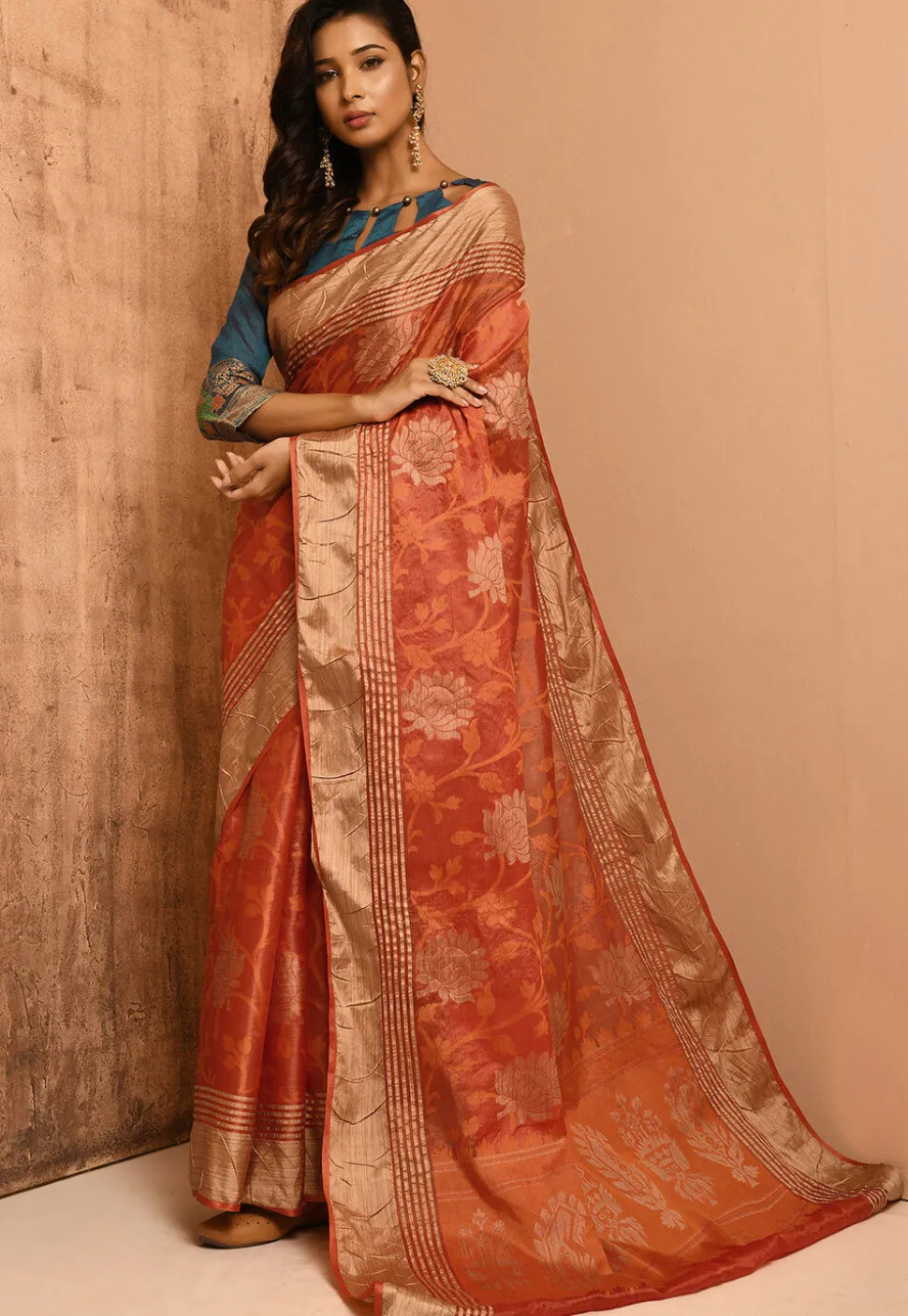 Banarasi Tussar Silk Saree in Orange