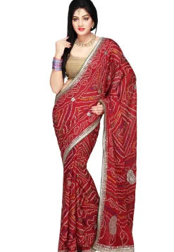 Bandhani Print Crepe Saree in Red
