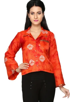 Bandhani Printed Kota Silk Top in Orange