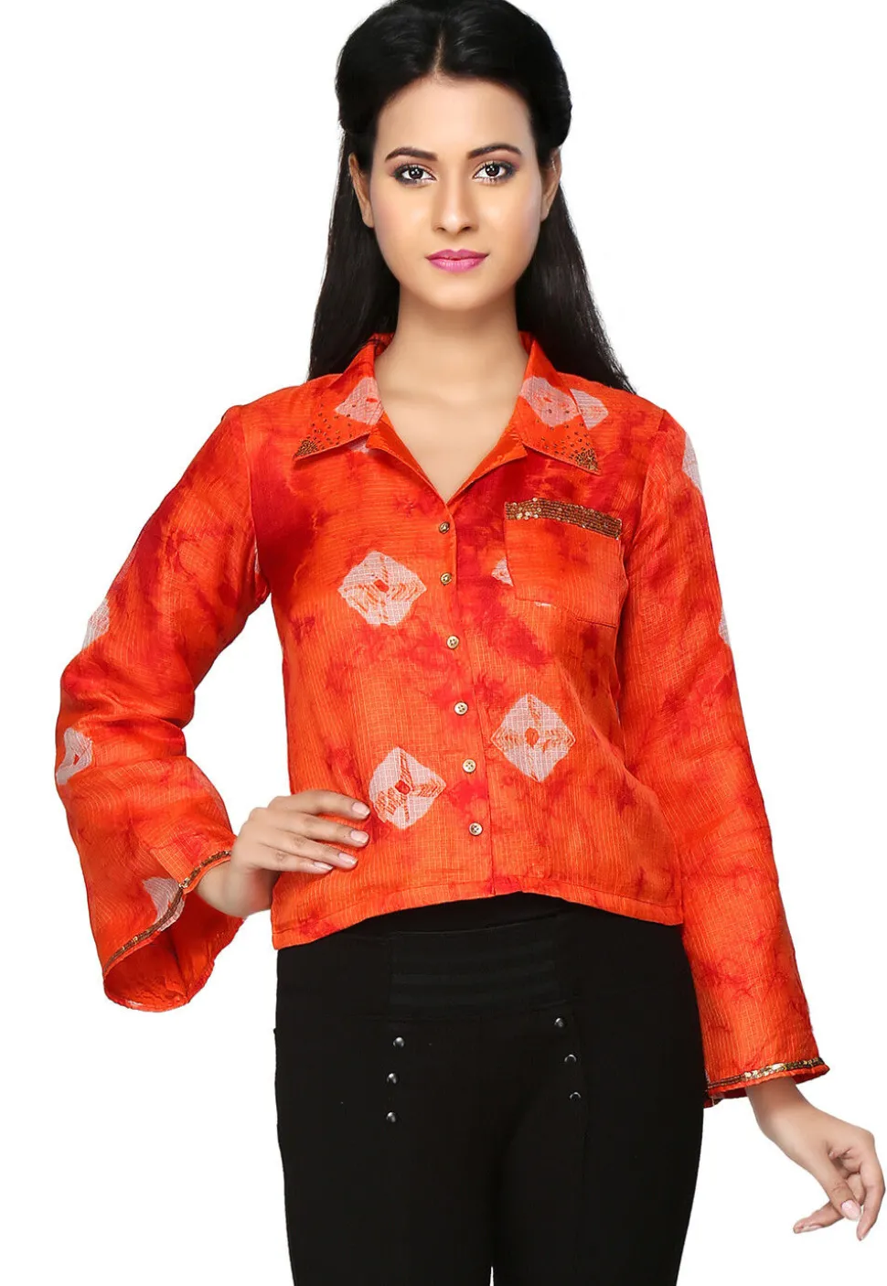 Bandhani Printed Kota Silk Top in Orange