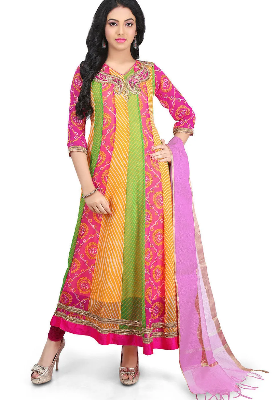 Bandhej and Leheriya Work Georgette Anarkali Suit in Multicolor