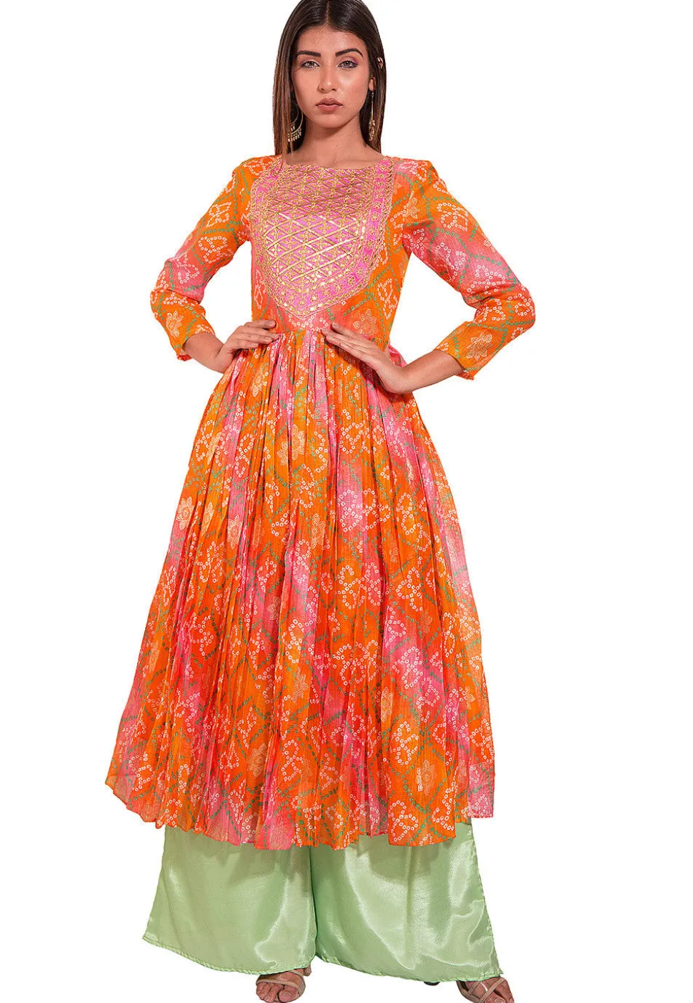 Bandhej Art Kota Silk Pleated Kurta in Orange and Pink