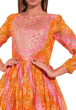Bandhej Art Kota Silk Pleated Kurta in Orange and Pink