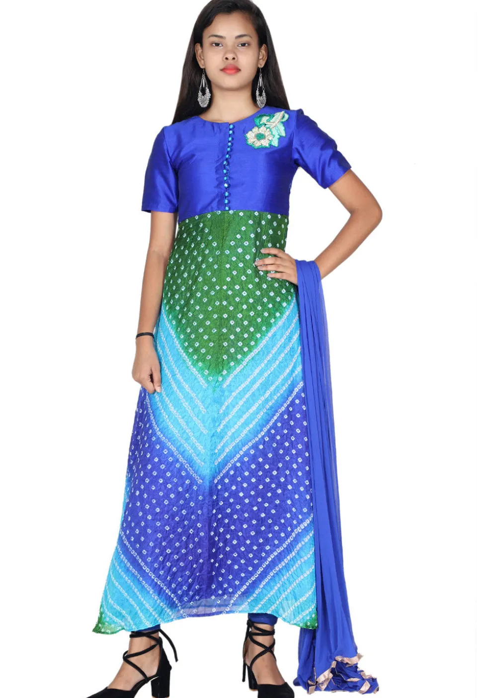 Bandhej Art Silk A Line Suit in Shaded Blue and Green