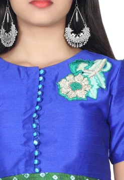 Bandhej Art Silk A Line Suit in Shaded Blue and Green