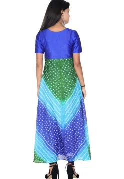 Bandhej Art Silk A Line Suit in Shaded Blue and Green