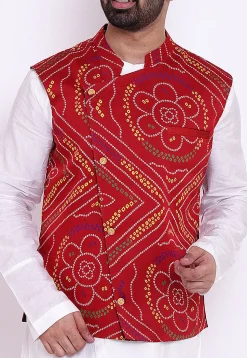 Bandhej Art Silk Asymmetric Kurta Jacket Set in White and Red