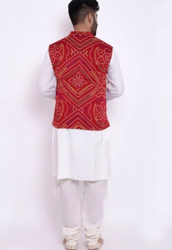 Bandhej Art Silk Asymmetric Kurta Jacket Set in White and Red
