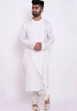 Bandhej Art Silk Asymmetric Kurta Jacket Set in White and Red